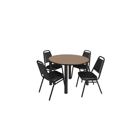 Regency Kee 48" Round Breakroom Table- Noble Oak/ Black & 4 Restaurant Stack Chairs- Black