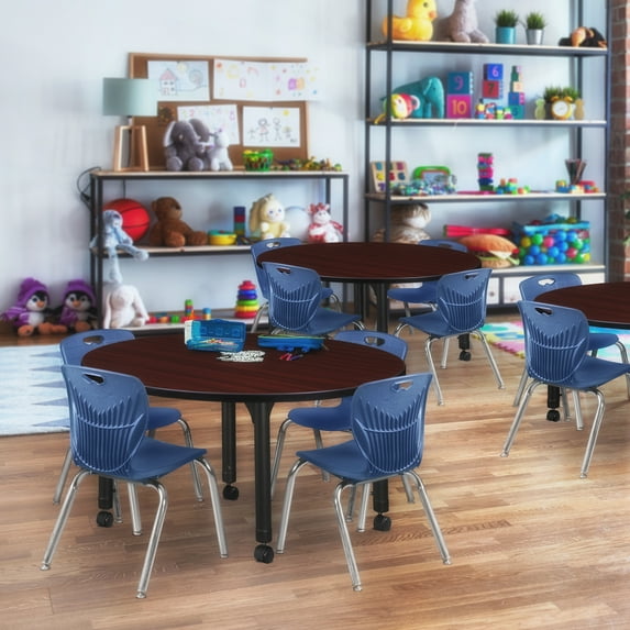 Regency Kee 48 in. Round Adjustable Classroom Table- Mahogany & 4 Andy 12 in. Stack Chairs- Blue