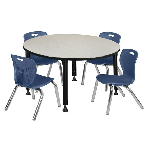 Regency 48 Round Adjustable Classroom Table- Maple & 4 Andy 12 Stack Chairs- Blue