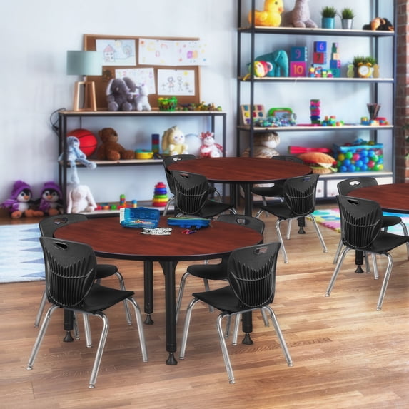 Regency Kee 48 in. Round Adjustable Classroom Table- Cherry & 4 Andy 12 in. Stack Chairs- Black