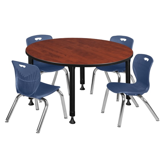 Regency Kee 48" Round Height Adjustable Classroom Table - Cherry & 4 Andy 12-in Stack Chairs- Navy Blue