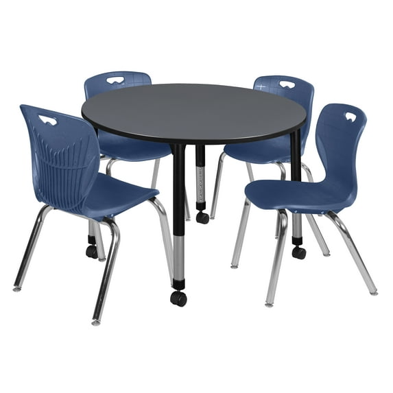 Regency Kee 48" Round Height Adjustable Classroom Table - Grey & 4 Andy 18-in Stack Chairs- Navy Blue