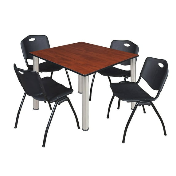 Regency 48 in Square Breakroom Table- Cherry Top, Chrome Legs, 4 M Stack Chairs- Black