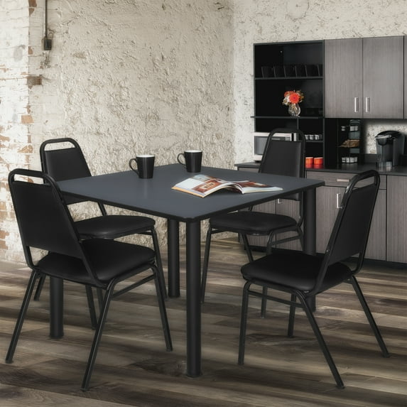 Regency Kee 48 in Square Breakroom Table- Grey Top, Black Legs, 4 Restaurant Stack Chairs