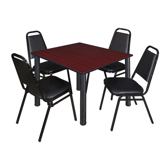 Regency 48 Square Breakroom Table- Mahogany Top, Black Legs, 4 Restaurant Stack Chairs