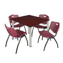 Kee 48" Square Breakroom Table- Mahogany/ Chrome & 4 'M' Stack Chairs- Burgundy