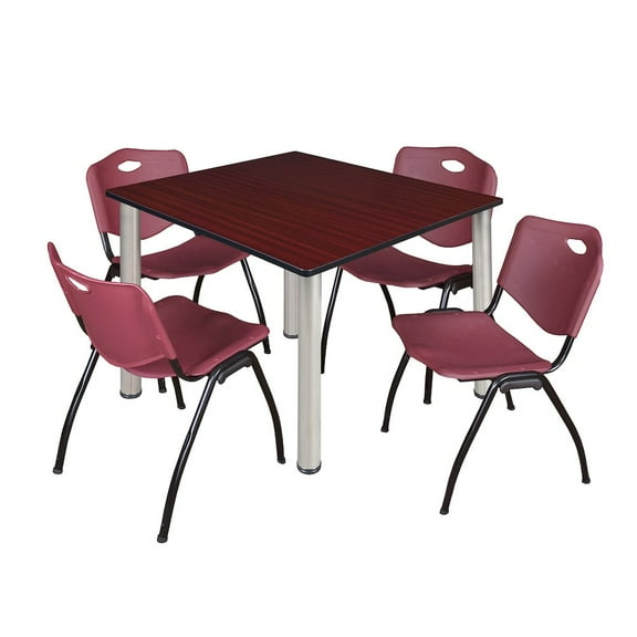 Regency 48 Square Breakroom Table- Mahogany Top, Chrome Legs, 4 M Stack Chairs- Burgundy