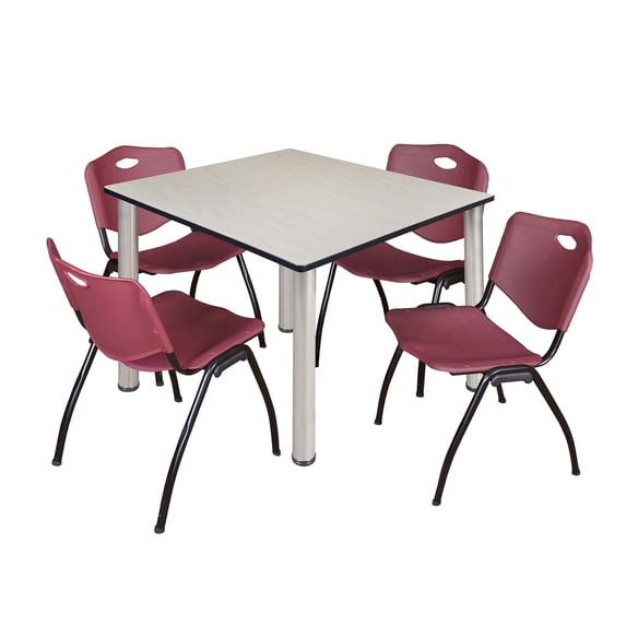 Regency 48 in Square Breakroom Table- Maple Top, Chrome Legs, 4 M Stack Chairs- Burgundy