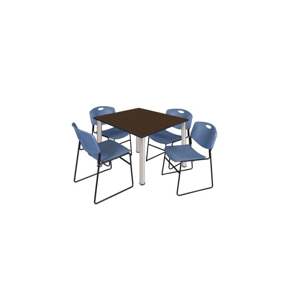 Regency Kee 48" Square Breakroom Table- Neo Walnut/ Chrome & 4 Zeng Stack Chairs- Blue