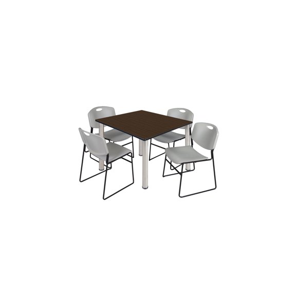 Regency Kee 48" Square Breakroom Table- Neo Walnut/ Chrome & 4 Zeng Stack Chairs- Grey