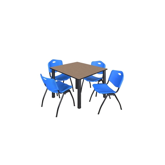 Regency Kee 48" Square Breakroom Table- Noble Oak/ Black & 4 'M' Stack Chairs- Blue