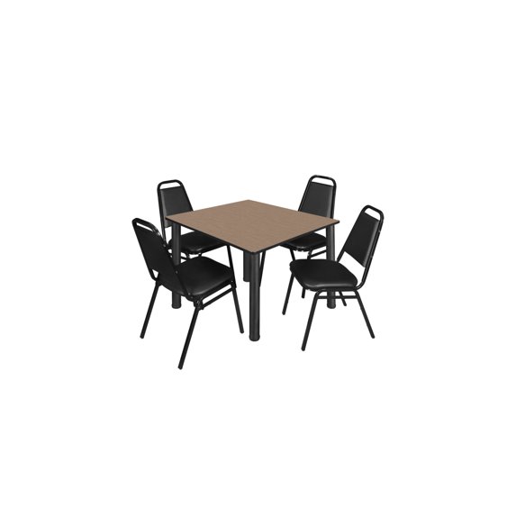 Regency Kee 48" Square Breakroom Table- Noble Oak/ Black & 4 Restaurant Stack Chairs- Black