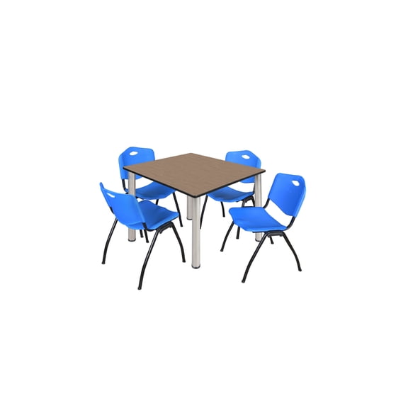 Regency Kee 48" Square Breakroom Table- Noble Oak/ Chrome & 4 'M' Stack Chairs- Blue