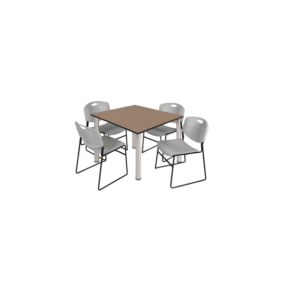 Regency Kee 48" Square Breakroom Table- Noble Oak/ Chrome & 4 Zeng Stack Chairs- Grey