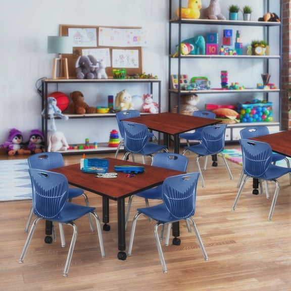 Regency Kee 48" Square Height Adjustable Mobile Classroom Table - Cherry & 4 Andy 12-in Stack Chairs- Navy Blue