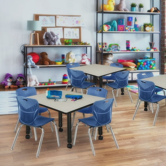 Regency Kee 48 in. Square Mobile Adjustable Classroom Table- Maple & 4 4 Andy 12 in. Stack Chairs- Blue