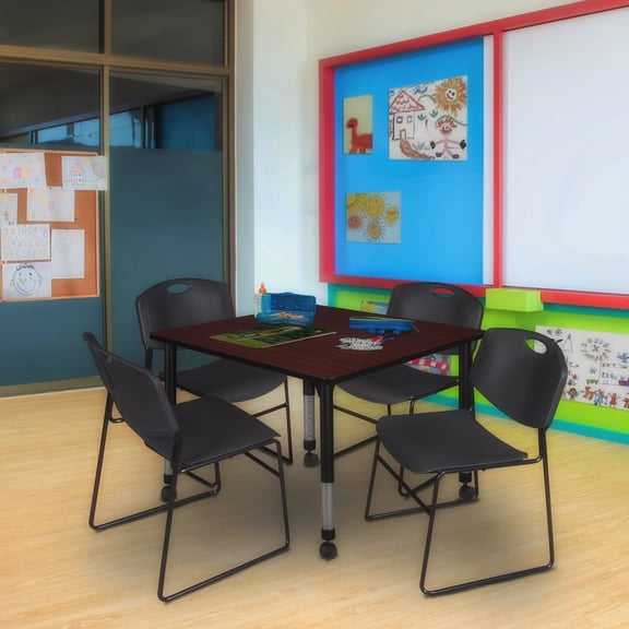 Regency Kee 48 in. Square Mobile Adjustable Classroom Table- Mahogany & 4 Zeng Stack Chairs- Black