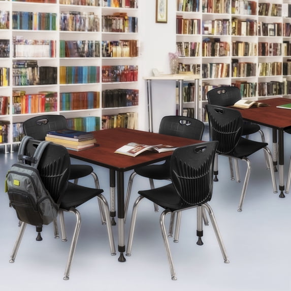 Regency Kee 48 in. Square Adjustable Classroom Table- Cherry & 4 Andy 18 in. Stack Chairs- Black