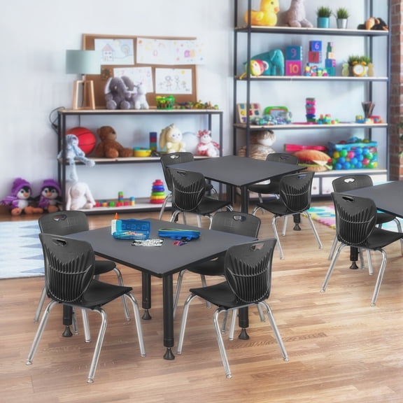 Regency Kee 48 in. Square Adjustable Classroom Table- Grey & 4 Andy 12 in. Stack Chairs- Black