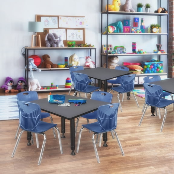 Regency Kee 48" Square Height Adjustable Classroom Table - Grey & 4 Andy 12-in Stack Chairs- Navy Blue