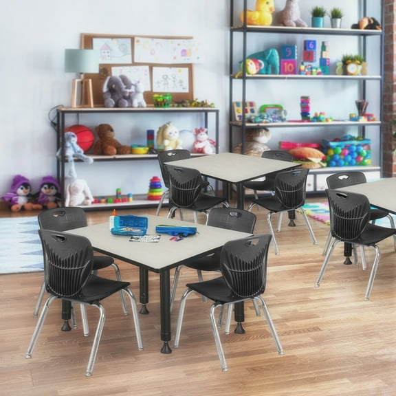 Regency Kee 48" Square Height Adjustable Classroom Table - Maple & 4 Andy 12-in Stack Chairs- Black
