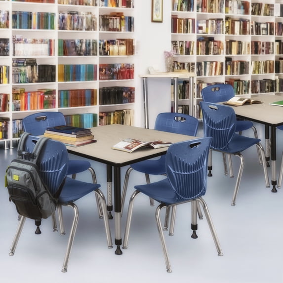 Regency Kee 48 in. Square Adjustable Classroom Table- Maple & 4 Andy 18 in. Stack Chairs- Blue