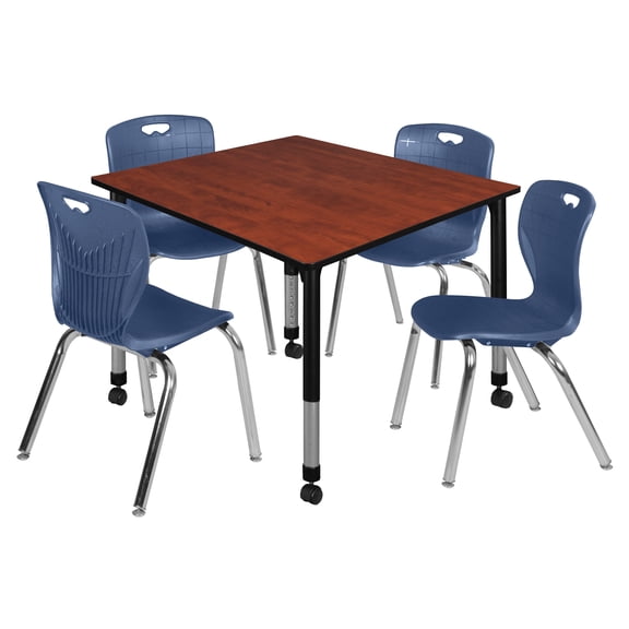 Regency Kee 48" Square Height Adjustable  Mobile Classroom Table - Cherry & 4 Andy 18-in Stack Chairs- Navy Blue