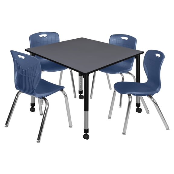 Regency Kee 48" Square Height Adjustable Mobile Classroom Table - Grey & 4 Andy 18-in Stack Chairs- Navy Blue