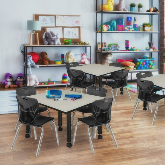 Regency Kee 48" Square Height Adjustable Mobile Classroom Table - Maple & 4 4 Andy 12-in Stack Chairs- Black