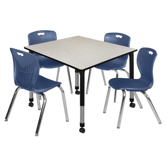Regency Kee 48 in. Square Mobile Adjustable Classroom Table- Maple & 4 Andy 18 in. Stack Chairs- Blue