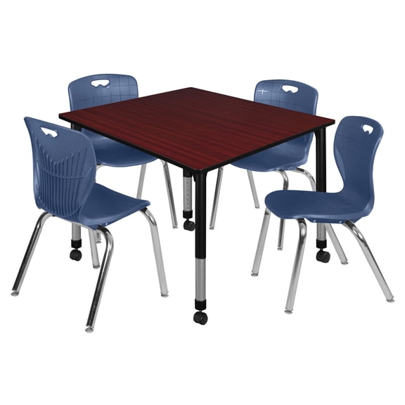 Regency Kee 48 in. Square Mobile Adjustable Classroom Table- Mahogany & 4 Andy 18 in. Stack Chairs- Blue