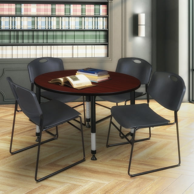Regency Kee 48 in. Round Adjustable Classroom Table- Mahogany & 4 Zeng Stack Chairs- Black