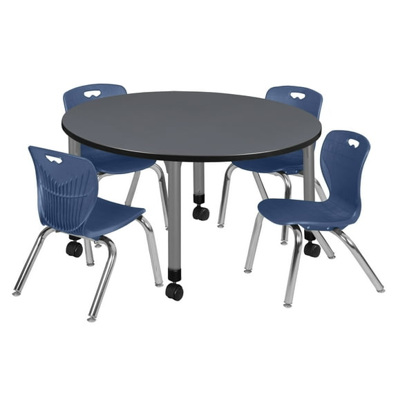 Regency Kee 48 in. Round Adjustable Classroom Table- Grey & 4 Andy 12 in. Stack Chairs- Blue & Grey Base