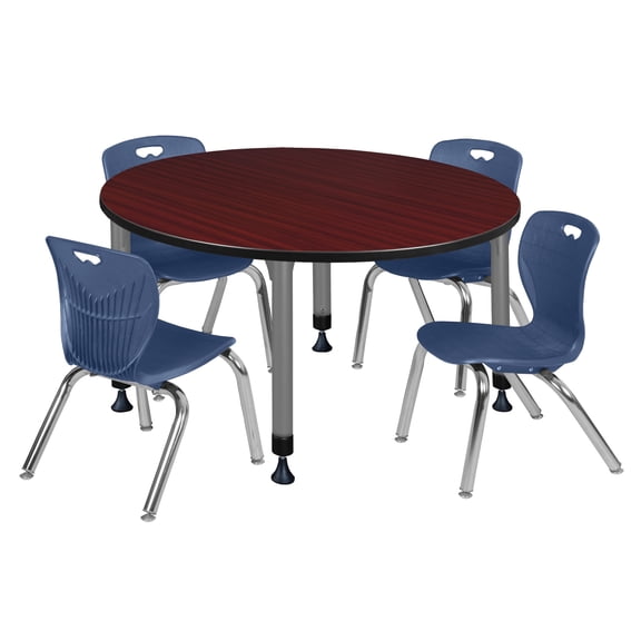 Regency Kee 48 in. Round Adjustable Classroom Table- Mahogany & 4 Andy 12 in. Stack Chairs- Blue & Grey Base