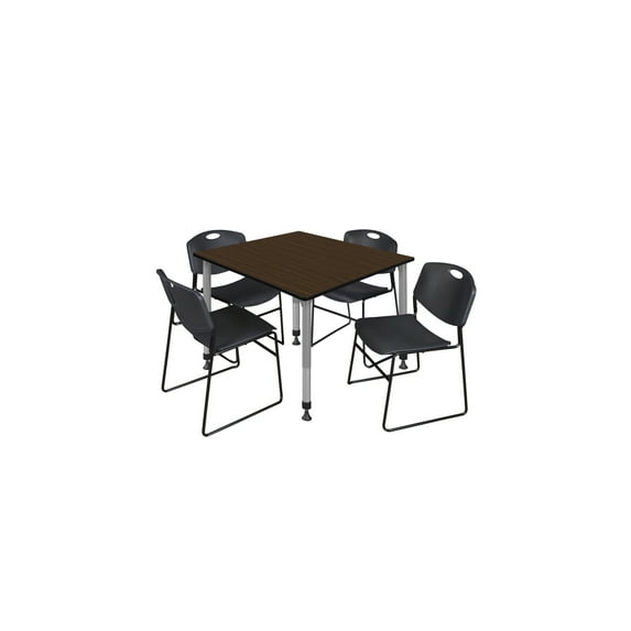 Regency Kee 48 in. Square Adjustable Classroom Table- Neo Walnut Top, Grey Base & 4 Black Zeng Stack Chairs