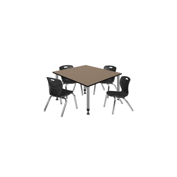 Regency Kee 48 in. Square Adjustable Classroom Table- Noble Oak Top, Grey Base & 4 Andy 12 in. Black Stack Chairs