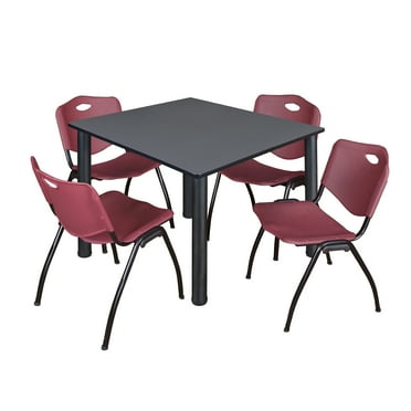 Regency Kee 48 in Square Breakroom Table- Grey Top, Black Legs, 4 M Stack Chairs- Burgundy
