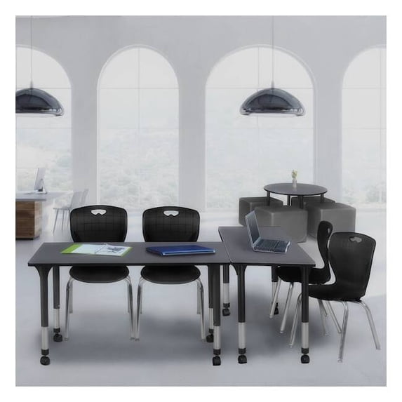 Regency Kee 48" x 24" Height Adjustable Mobile Classroom Table - Grey & 2 Andy 18-in Stack Chairs- Black