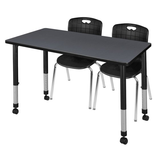 Regency 48x24 Mobile Adjustable Classroom Table- Grey & 2 Andy 18 Stack Chairs- Black