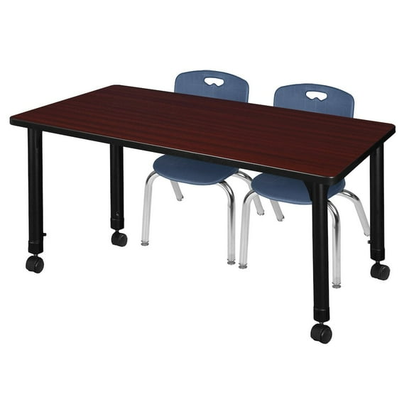 Regency 48x24 Mobile Adjustable Classroom Table- Mahogany & 2 Andy 12 Stack Chairs- Blue