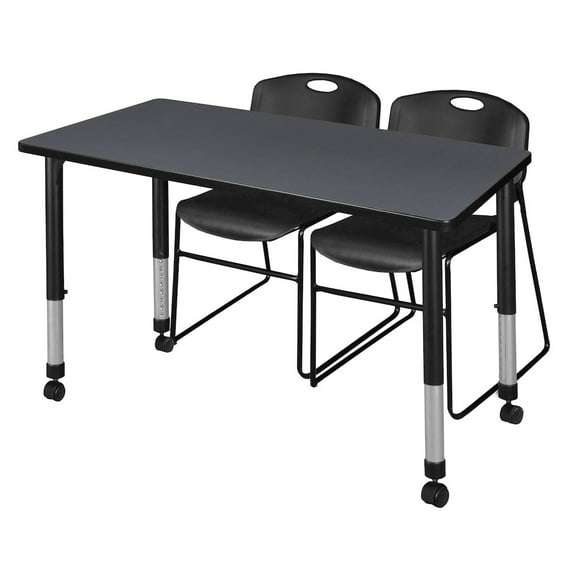 Regency 48 x 24 in. Mobile Adjustable Classroom Table- Grey & 2 Zeng Stack Chairs- Black
