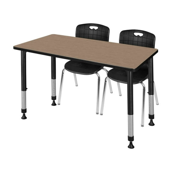 Regency Kee 48 x 24 in. Mobile Adjustable Classroom Table- Noble Oak Top, Black Base & 2 Andy 18 in. Mobile Black Stack Chairs