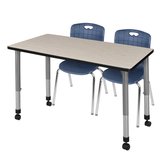 Regency Kee 48 x 24 in. Mobile Adjustable Classroom Table- Maple & 2 Andy 18 in. Stack Chairs- Blue & Grey Base
