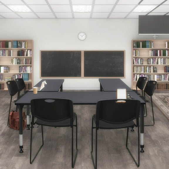 Regency Kee 48" x 30" Height Adjustable Classroom Table - Grey & 2 Zeng Stack Chairs- Black