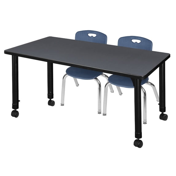 Regency 48x30 Mobile Adjustable Classroom Table- Grey & 2 Andy 12 Stack Chairs- Blue