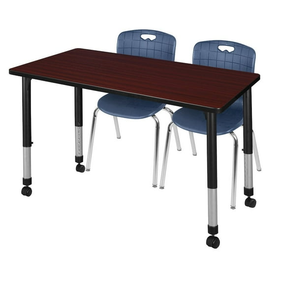 Regency 48x30 Mobile Adjustable Classroom Table- Mahogany & 2 Andy 18 Stack Chairs- Blue