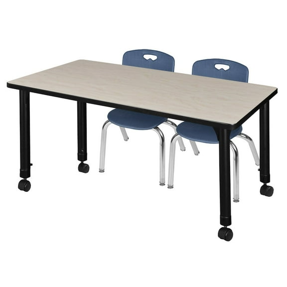 Regency 48x30 Mobile Adjustable Classroom Table- Maple & 2 Andy 12 Stack Chairs- Blue