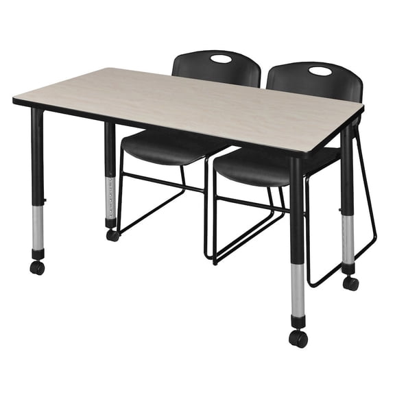 Regency 48x30 in. Mobile Adjustable Classroom Table- Maple & 2 Zeng Stack Chairs- Black