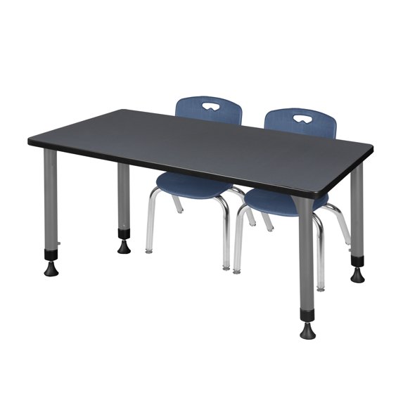 Regency Kee 48 x 30 in. Adjustable Classroom Table- Grey & 2 Andy 12 in. Stack Chairs- Blue & Grey Base