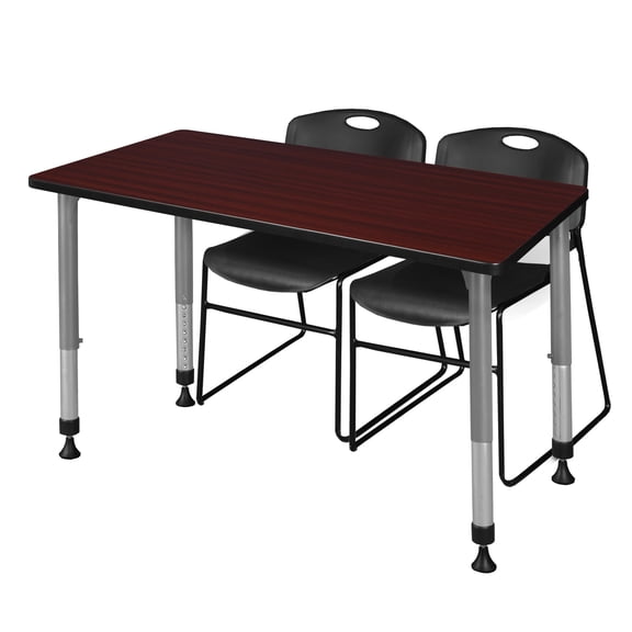Regency Kee 48 x 30 in. Adjustable Classroom Table- Mahogany & 2 Zeng Stack Chairs- Black & Grey Base